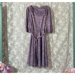 Vintage 80s Dress Size XL 1980s Retro Abstract Purple Floral A-Line Casual Cute